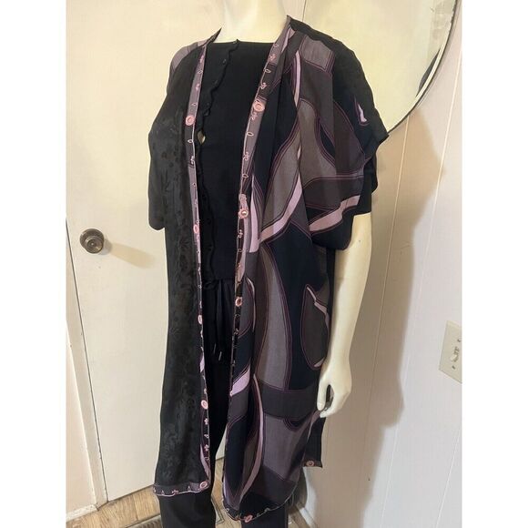 Vintage Tienda Ho Boho Womens OS Duster Black Purple Jacquard Short Sleeves - Picture 2 of 10